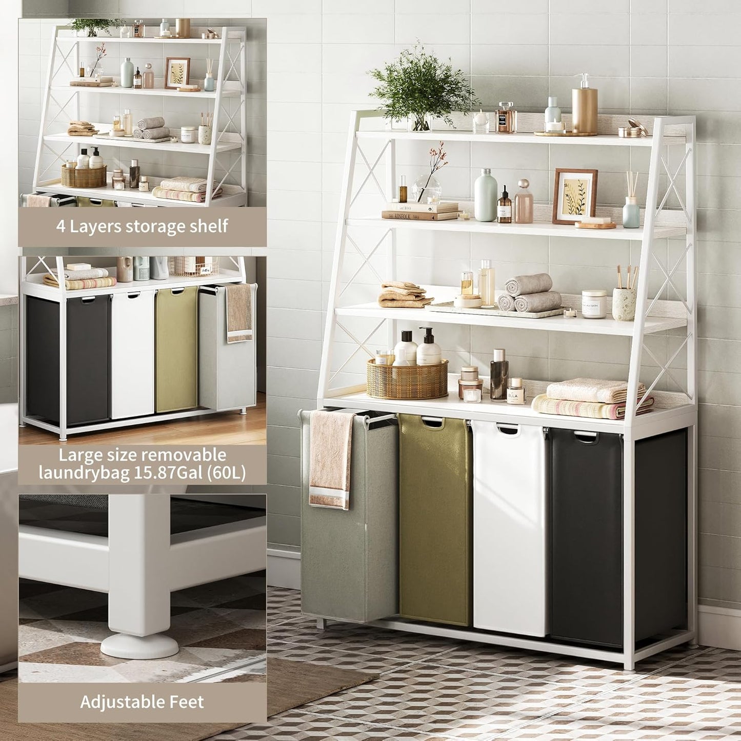 Laundry Basket, 4 Section Laundry Hamper with 4 Tiers Shelf, Pull-Out and Removable Laundry Bags, Large 4 x 15.87 Gallons, for Laundry Room Bathroom White PF12XLE