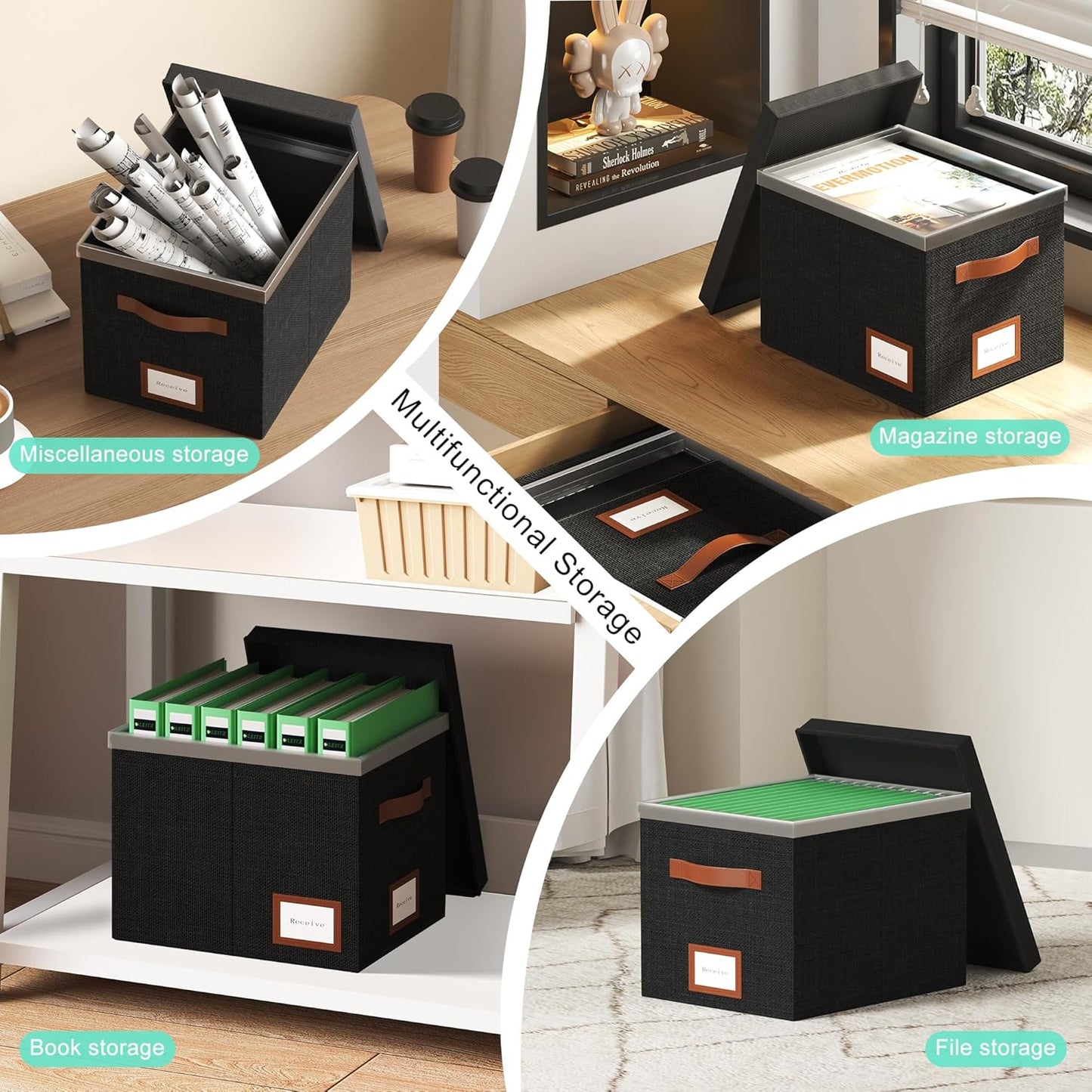 File Organizer Box with Lid File Box for Hanging Decorative File Organizer with One-Piece Integrated Plastic Slide Rail (Black, 13.2x10.1x10.1inch(2pack))