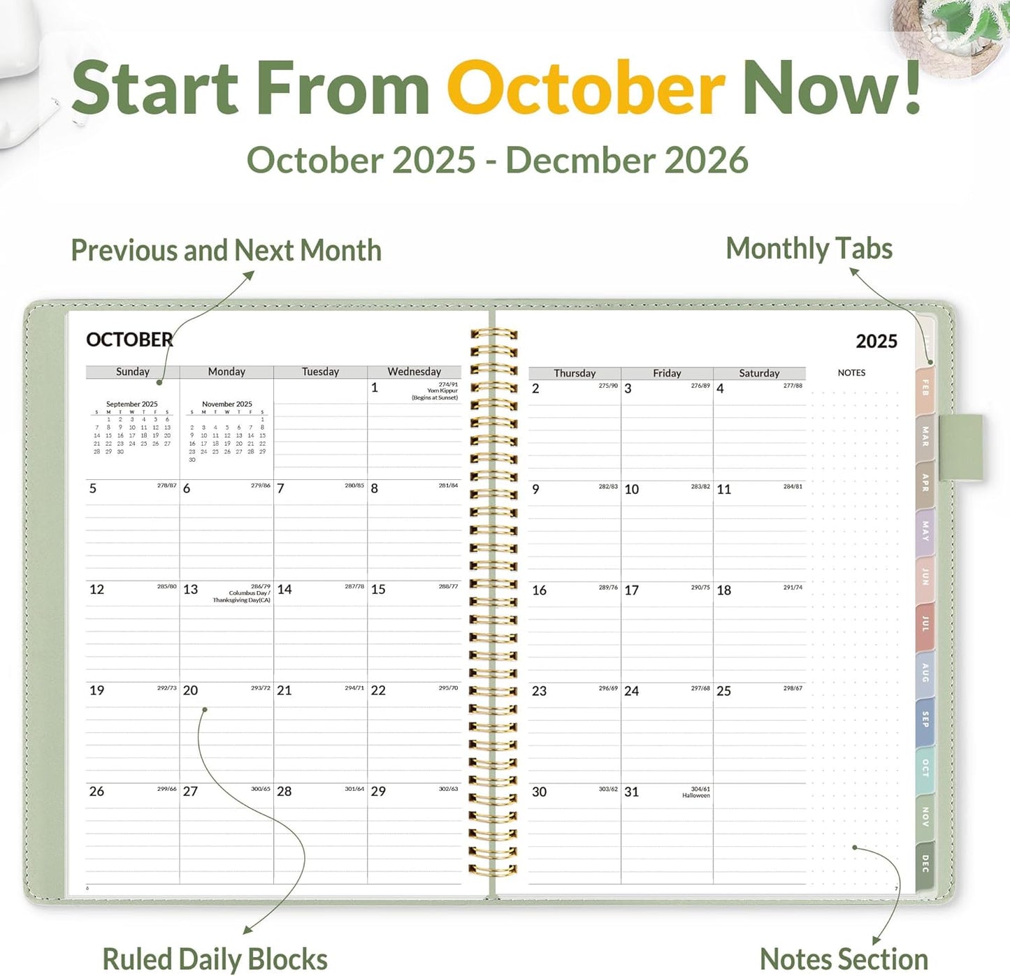 SUNEE 2026 Weekly & Monthly Planner 9"x11.2"- 12 Month (January 2026 - December 2026), Vegan Leather Cover, Pocket, Bookmark, Notes, Monthly Tab, Sage Green