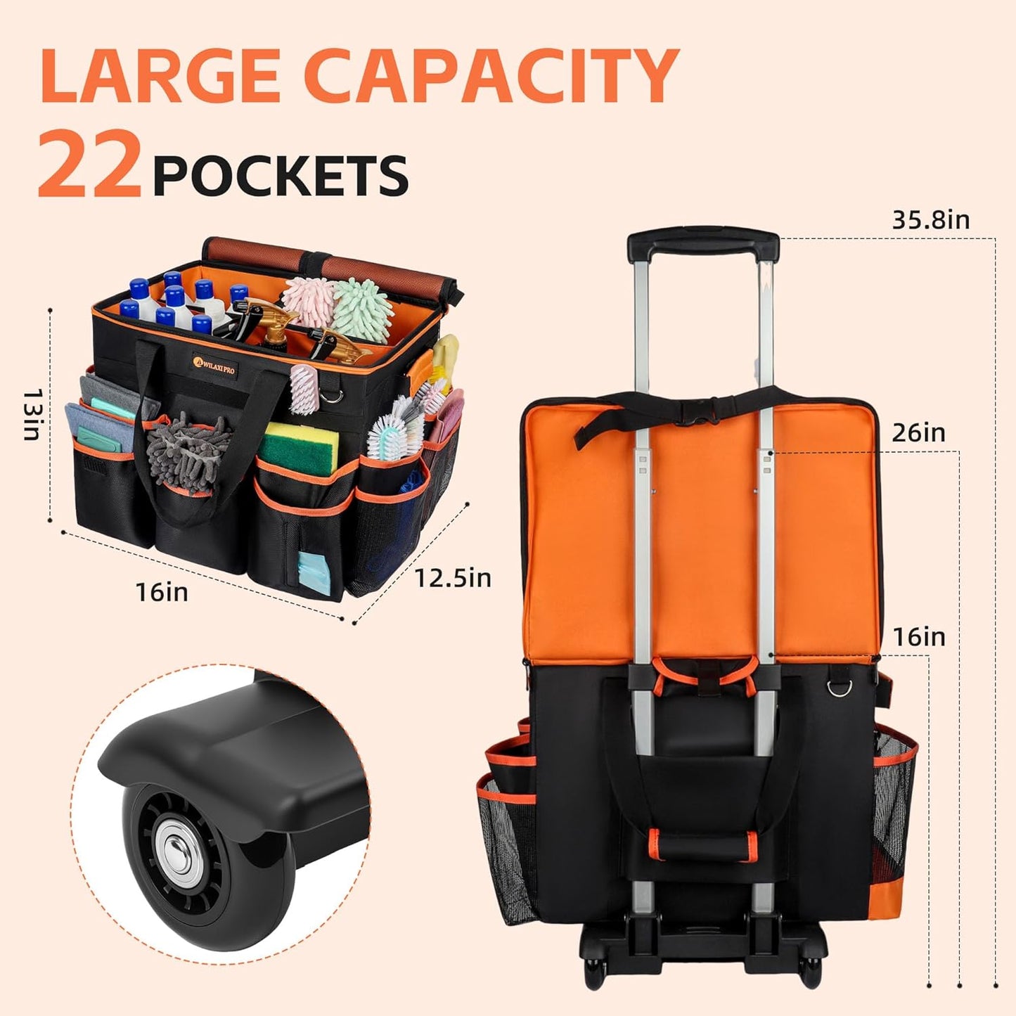 ﻿WILAXI PRO Large Rolling Cleaning Caddy with Wheels and Detachable Trolley, Extra Large Water-Resistant Cleaning Cart for Housekeepers, Cleaning Supplies Organizer with Multi-Pockets Tools Storage