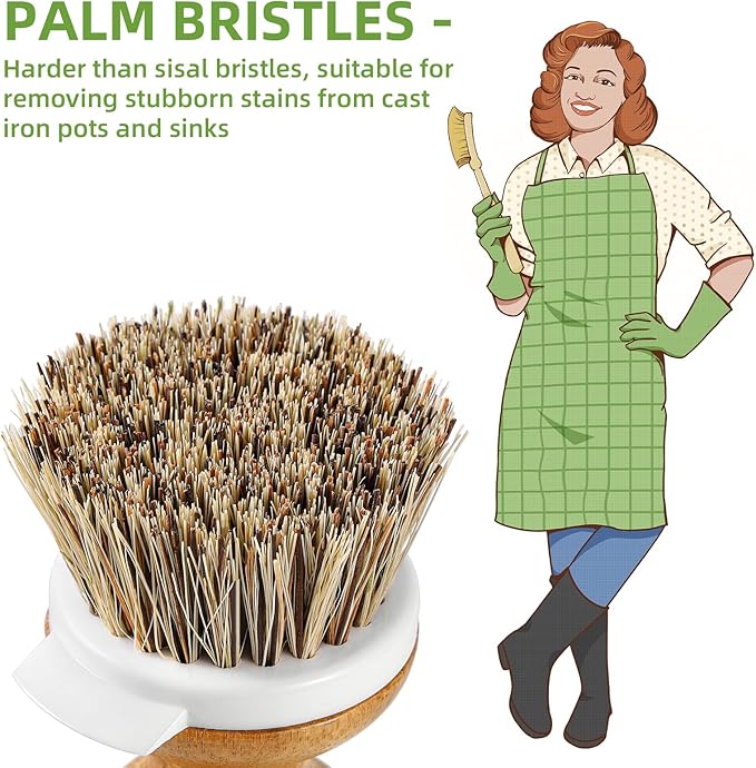 SUBEKYU Dish Brush, Bamboo Dish Scrubber Brush Set with Tray, Natural Kitchen Dishwashing Scrub Brush for Cleaning Dishes/Pans/Pots, Built-in Scraper, Natural Sisal + Palm Bristles, Set of 2