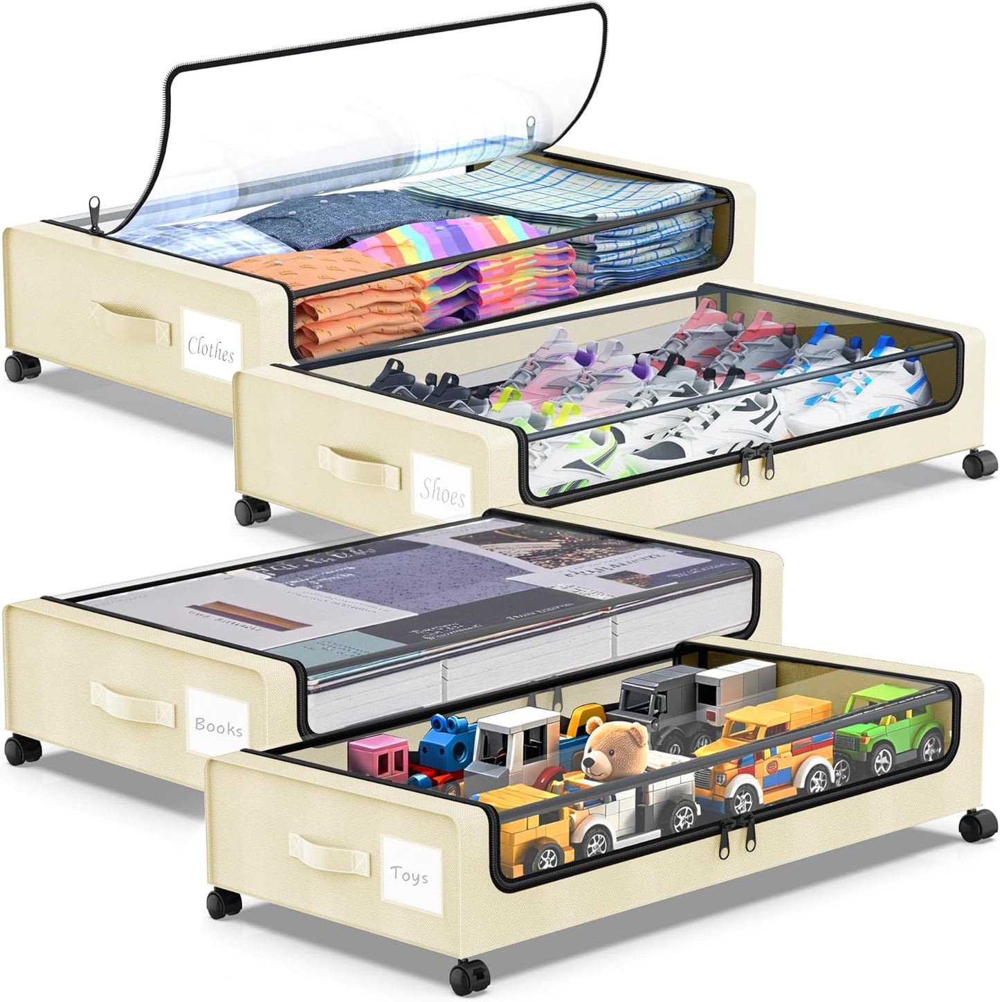 Under Bed Storage with Wheels, 4-Pack UnderBed Storage Containers with Clear Lids, Under Bed Shoe Storage Organizer, Rolling Under Bed Storage for Clothes Shoes Blankets (Beige)