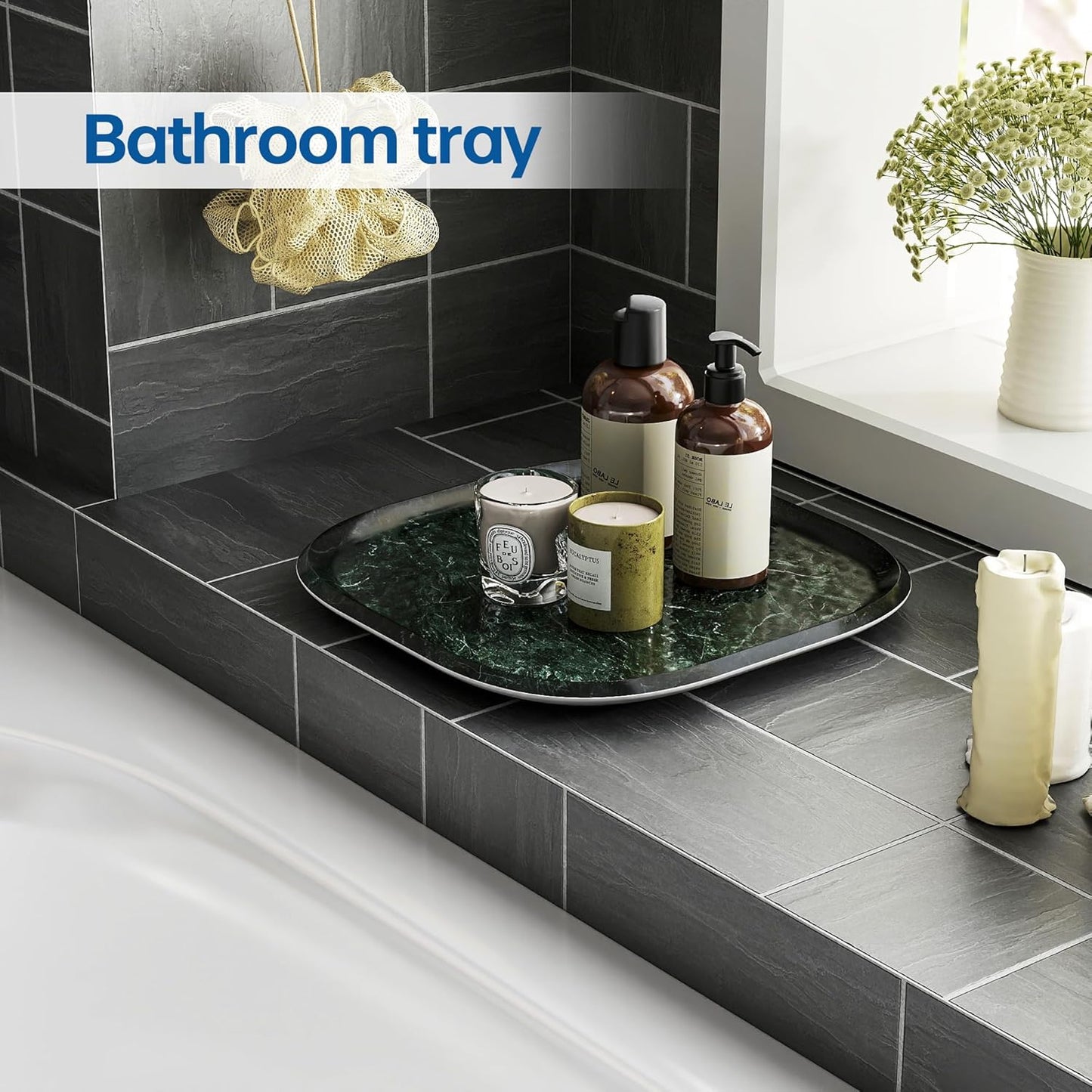 Vanity Decorative Glass Tray,12" x 12" Green Marble Pattern Perfume Tray, Bathroom Tray Countertop Organizer for Soap Towel, Jewelry, Candle