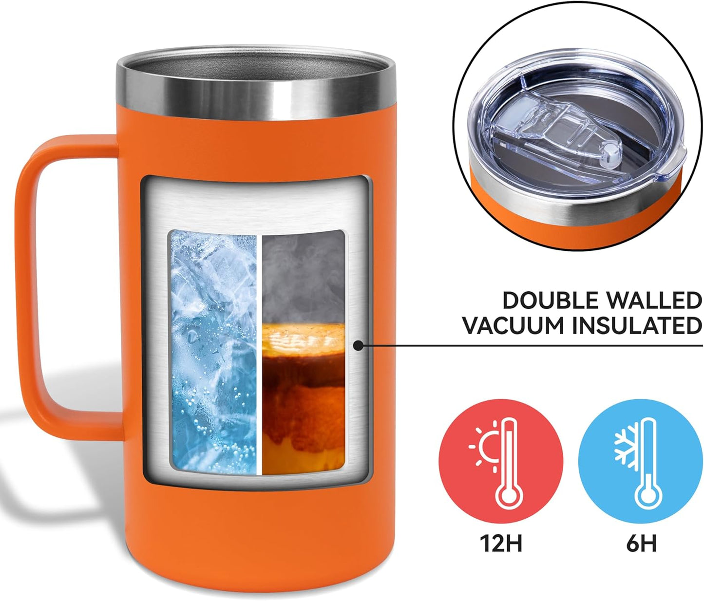 DOMICARE 24oz Mug with Handle and Lid, Stainless Steel Coffee Mug, Travel Mug with Handle, Double Wall Vacuum Coffee Tumbler, Reusable Insulated Cup, Orange, Pack 8