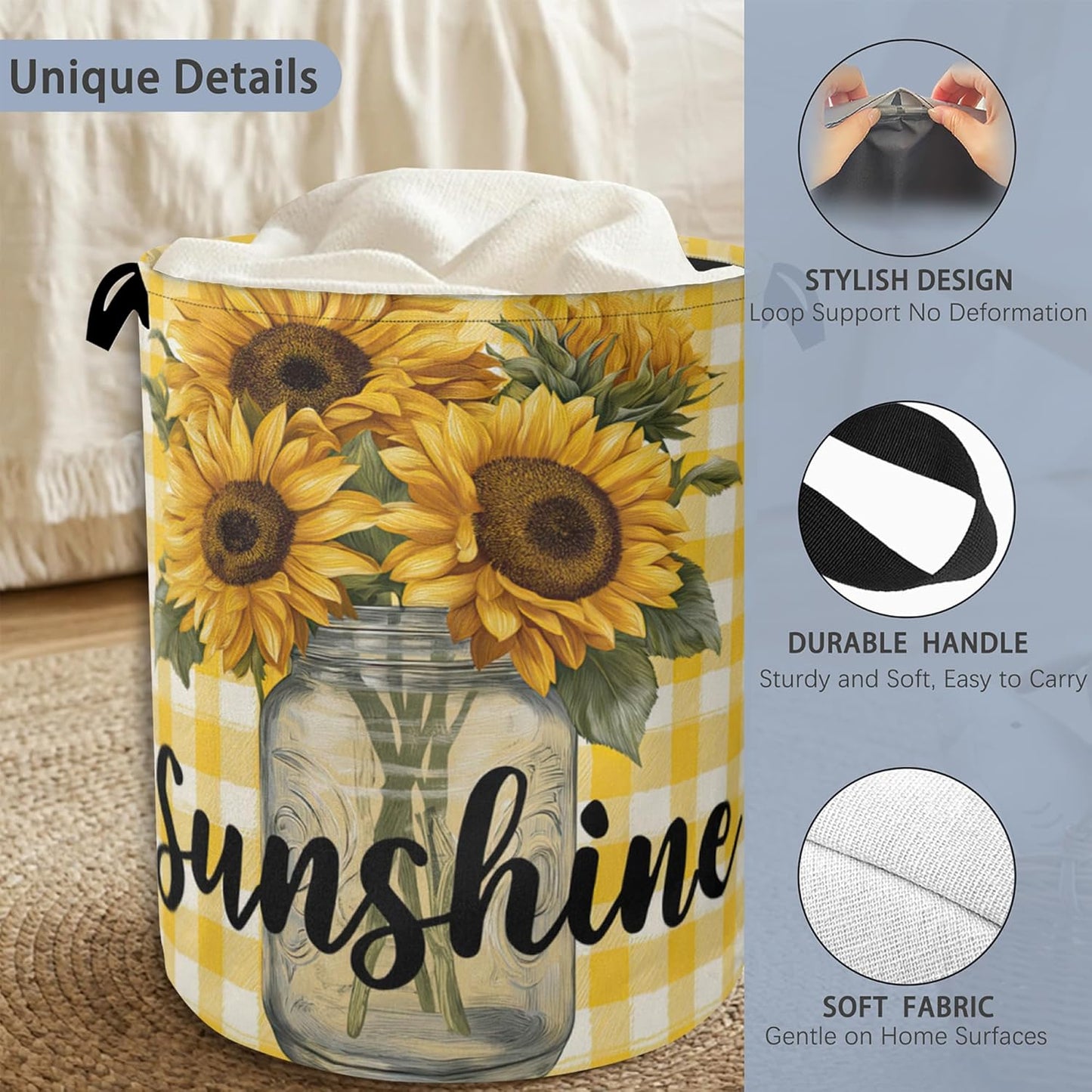 Retro Sunflowers Laundry Hamper,Sunshine Dirty Clothes Laundry Basket with Handles Waterproof Oxford Cloth Storage Basket for College Dorms Bathroom Bedroom 16" x 20.8"