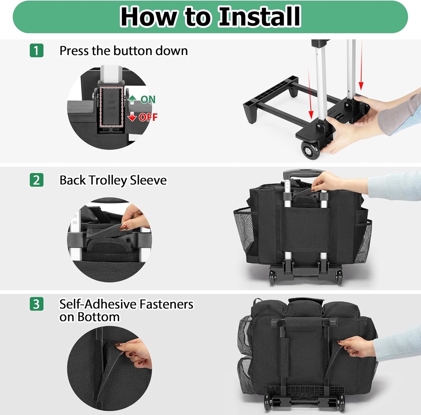 LoDrid Rolling Cleaning Bag with Detachable Trolley, Portable Cleaning Cart on Wheels for Supplies, Professional Caddy with Shoulder Strap for Housekeepers, Black (Patent Design)