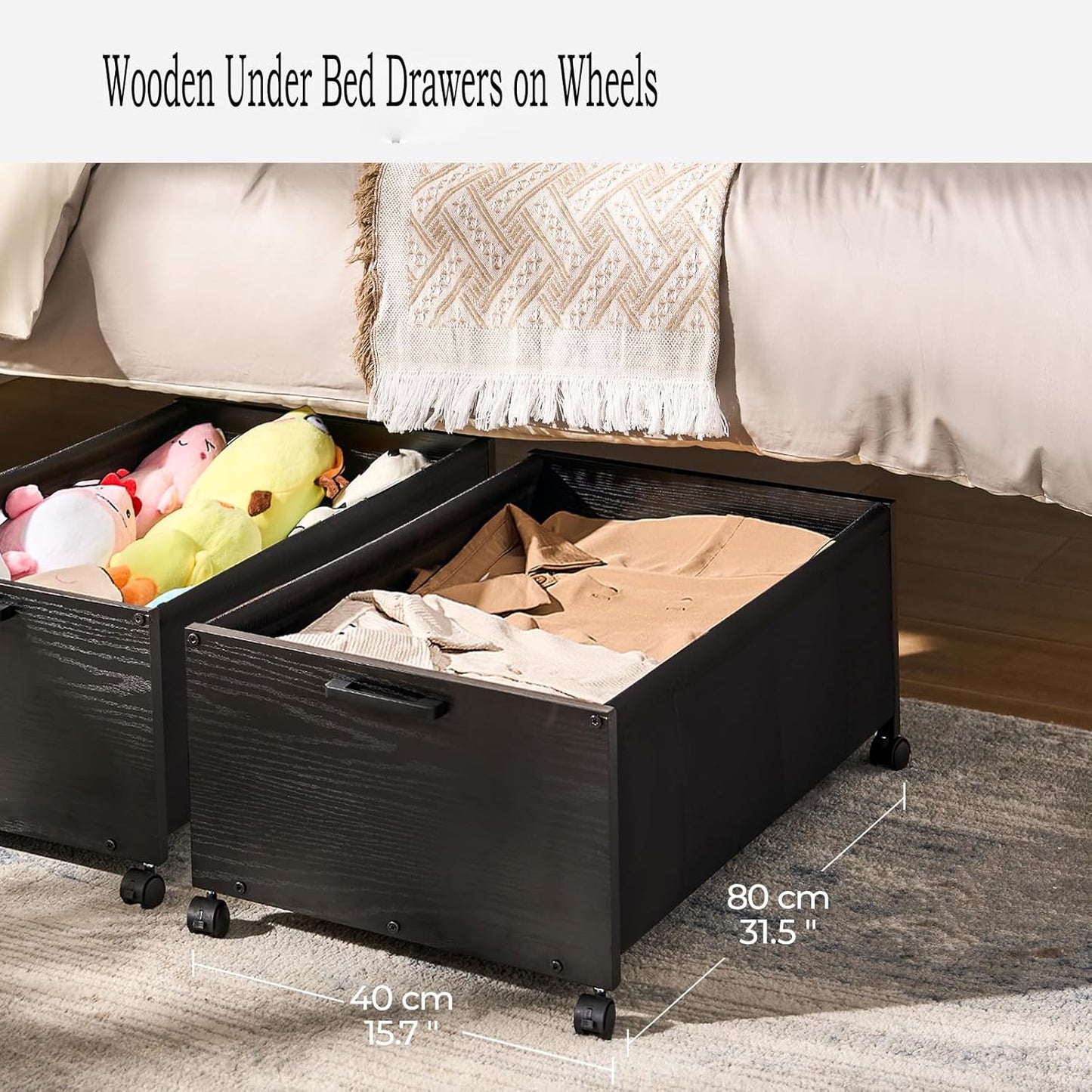 Under Bed Storage with Wheels, Wooden Under Bed Drawers On Wheels, Rolling Under Bed Shoe Storage, Space Saving, Black,Quadruple Size,90L