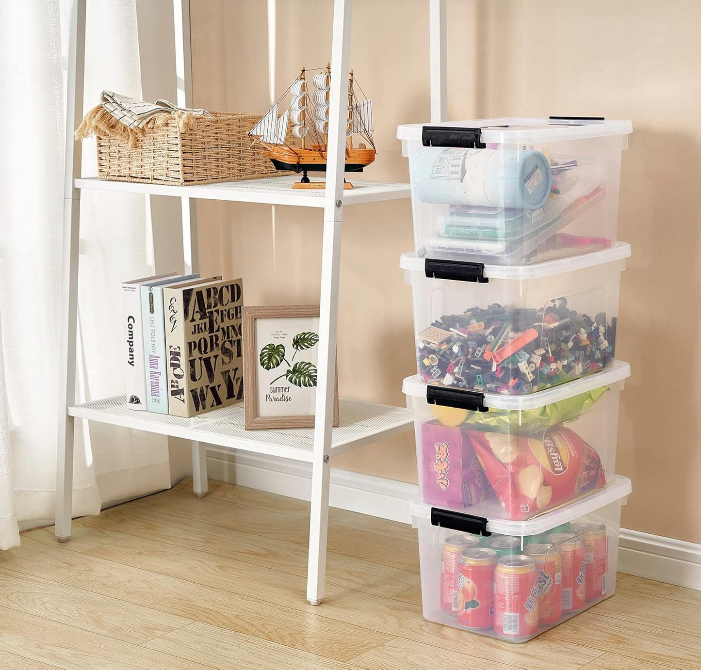 Clear Storage Latch Box 12 Quart, Plastic Organizing Box/Bin with Lid and Black Handles, 6-Pack