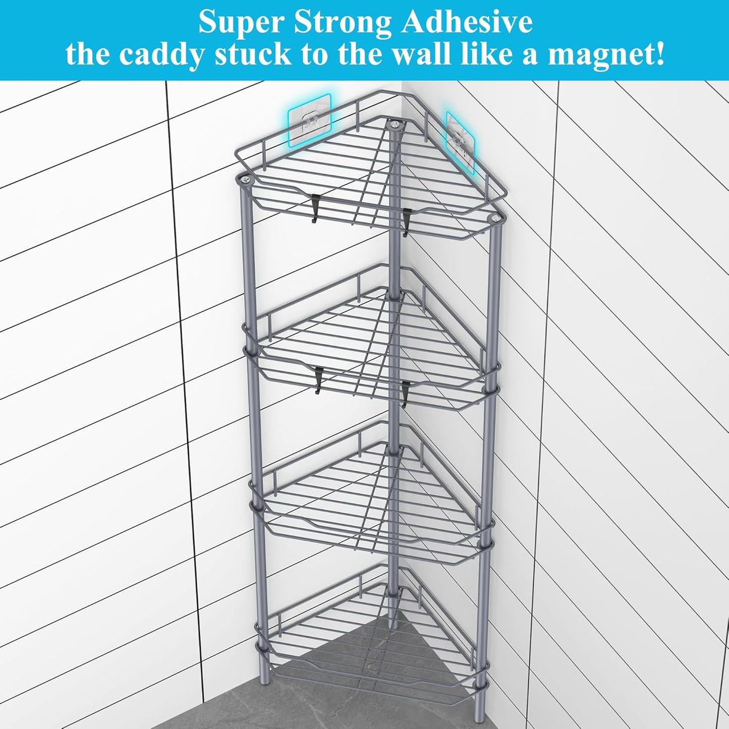 4 Tier Floor Standing Corner Shower Caddy Organizer Shelf with Hooks, Bathroom Shelves Stand Rack, Dark Gray