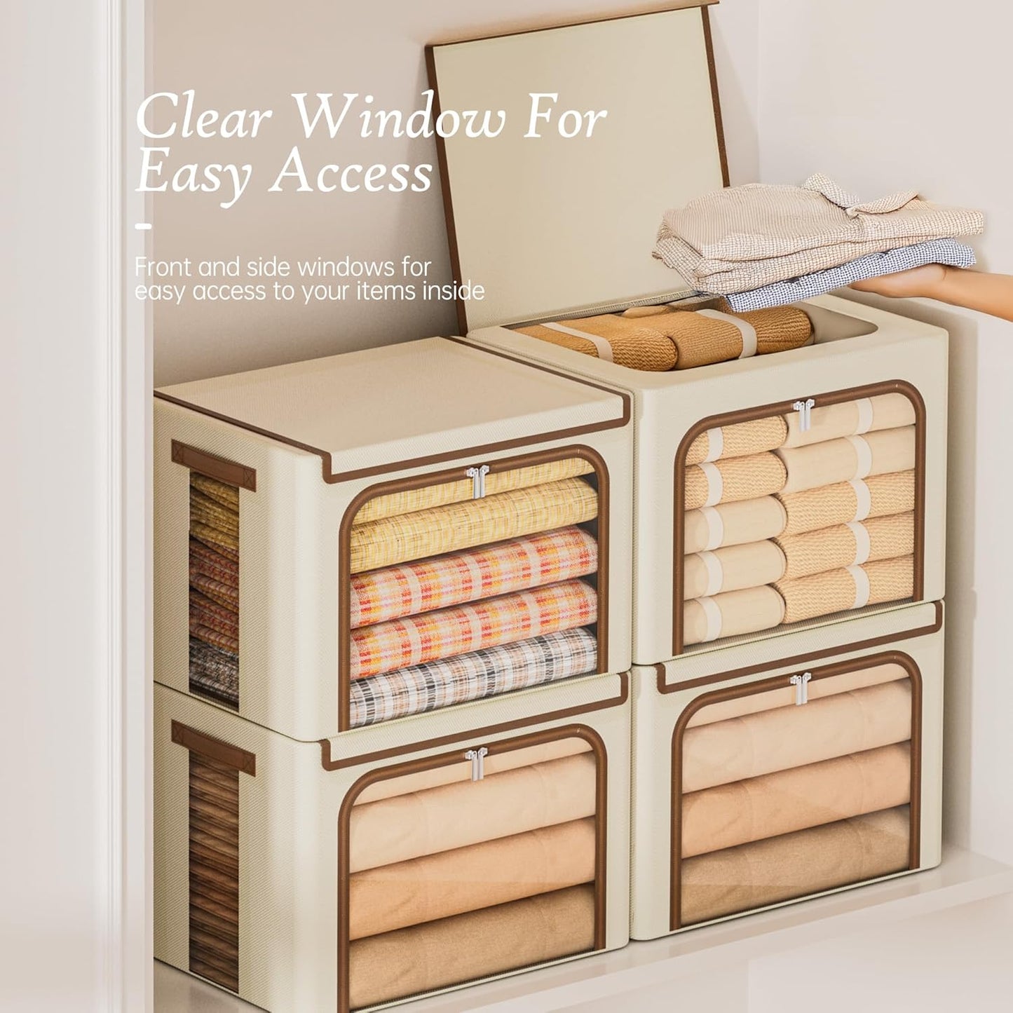 Yecaye Clothes Storage Bins with Metal Frame, Foldable Clothing Storage Bin with Lid, Stackable Oxford Fabric Organizer Box With Clear Window & Zippers & PU Leather Handles (3 Pack,Beige,66L)