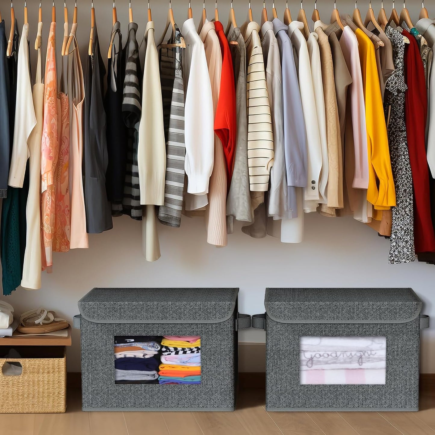 Univivi Fabric Foldable Storage Boxes with Lids [4-Pack] Large Stackable Storage Bins, Closet Organizers and Storage Cube Storage Organizer for Home, Office, Bedroom (Black, 17“ x 12” x 12")