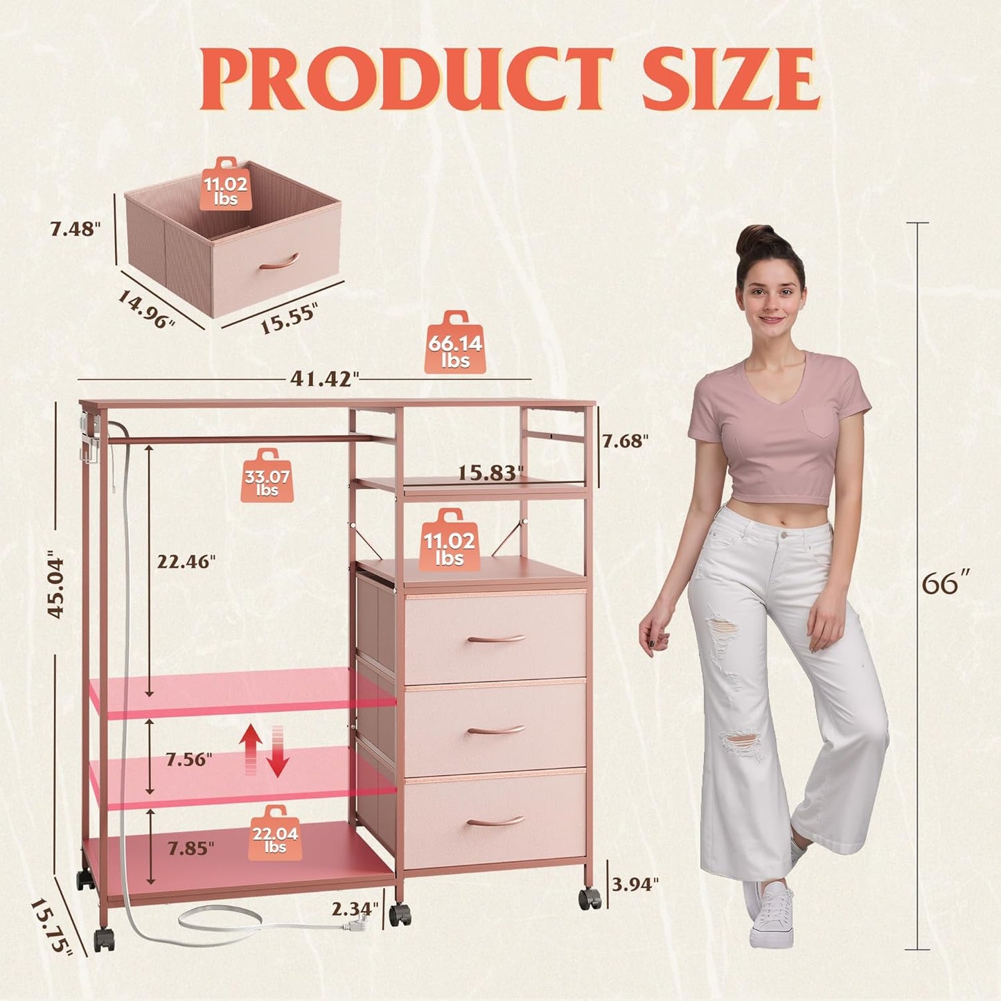 WLIVE 42''W Pink Dresser for Bedroom with Hanging Rack, 3 Drawer Dresser with LED Lights & Charging Station, Fabric Dressers & Chest of Drawers, Storage Organizer with Open Shelves for Living Room