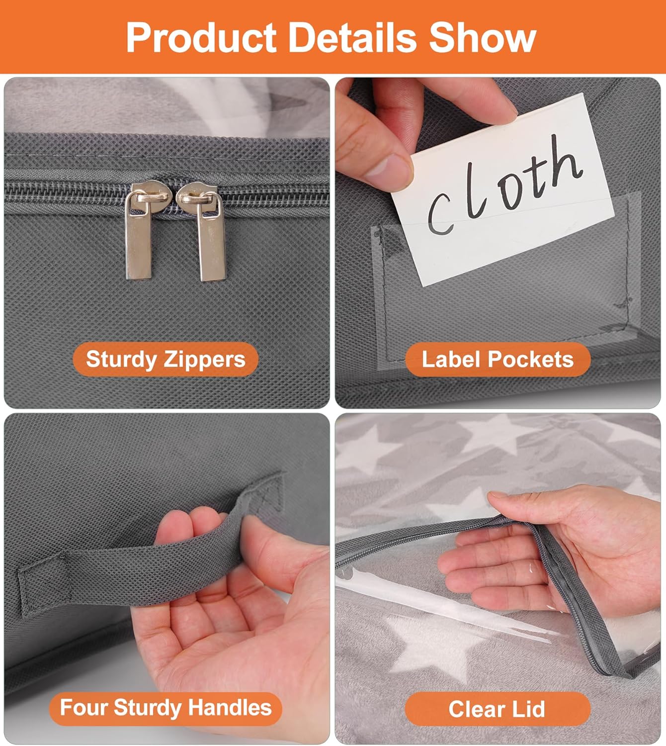 punemi Under Bed Storage Containers, 4 Pack Large Soft Foldable Storage Bags with Clear Top for Blankets, Comforters, Sheets, Wrapping Paper, Water-Resistant Inner Layer, 20x40x7.5 in, Gray