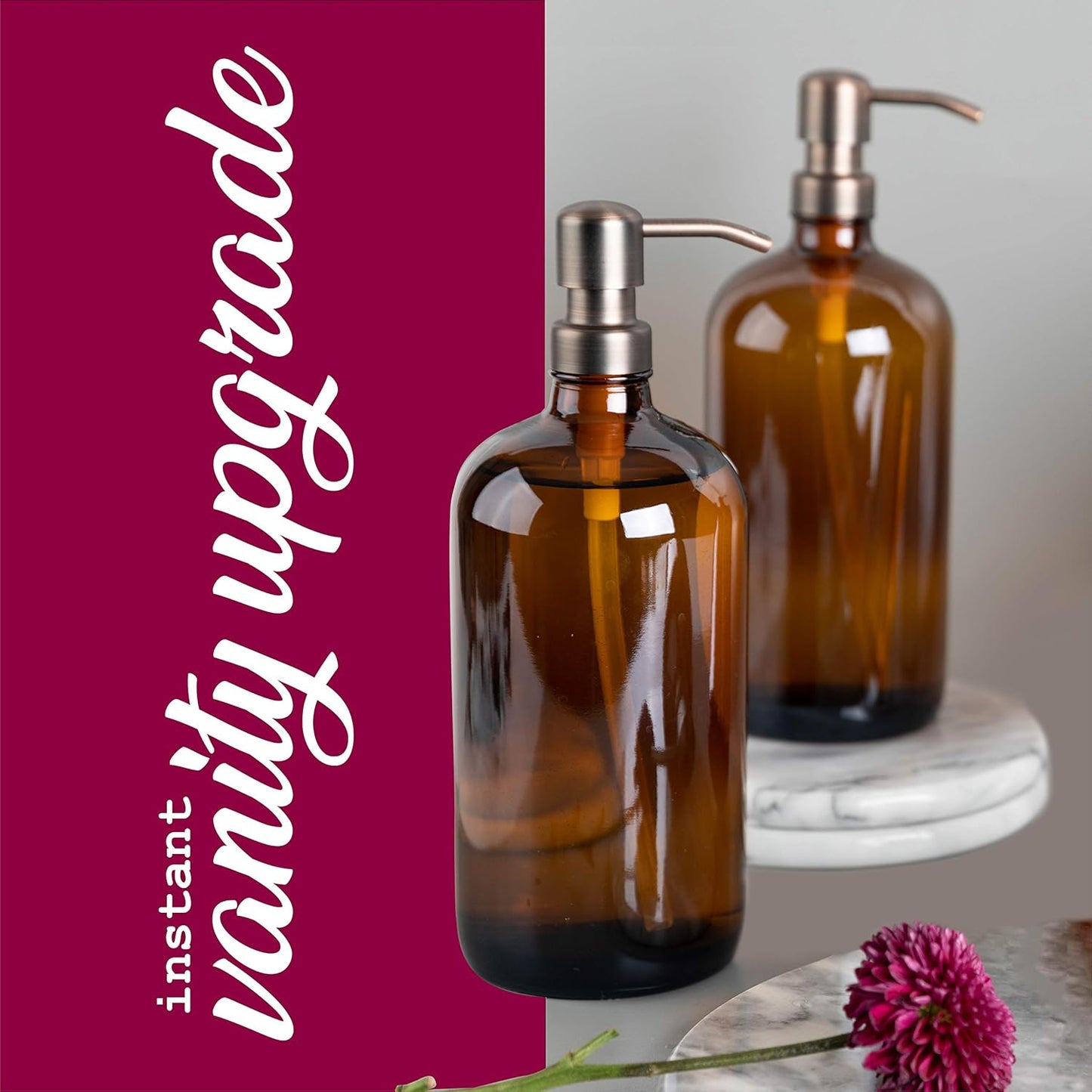 Kitchentoolz Large Pump Bottle - 32 Ounce Glass Shampoo and Soap Dispenser - Amber