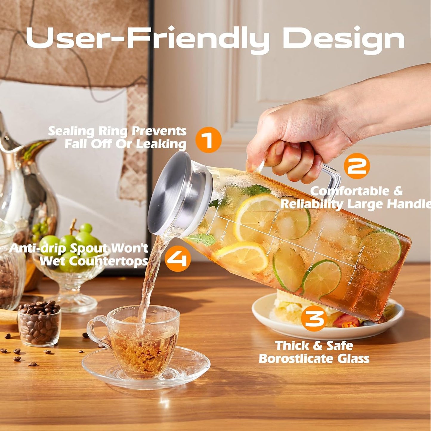 Aofmee 68oz Glass Pitcher for Fridge Door, 2 Liter Square Water Pitcher with Lid and Scale Line, Heat Resistant Tea Pitchers, Leak Proof Juice Jug, Borosilicate Glass Carafe for Hot/Cold Beverage