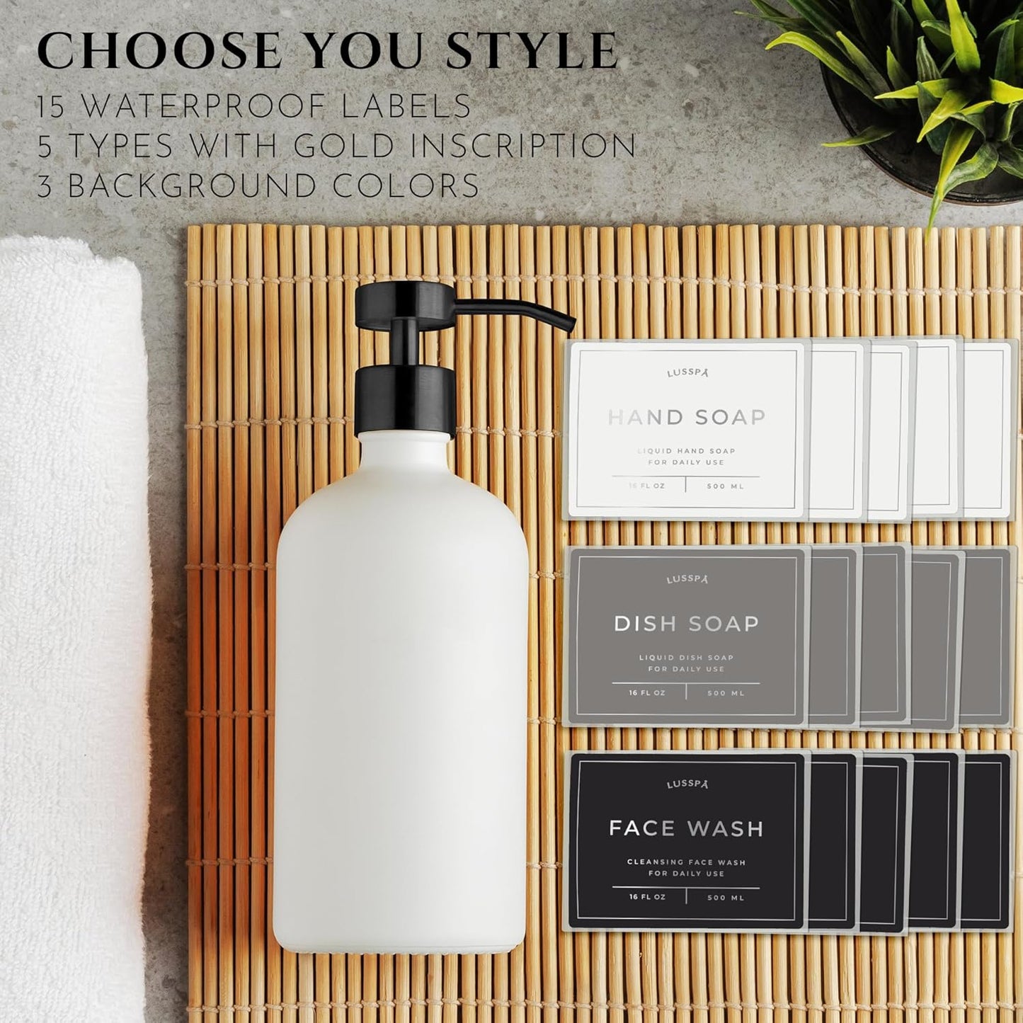 Lotion, Hand & Dish Soap Dispenser for Kitchen Sink - Bathroom Soap Dispenser Set of 2 16.8 Oz Glass Bottles with Stainless Steel Pump, 15 Water Proof Labels & Silicon Tray (White/Black)