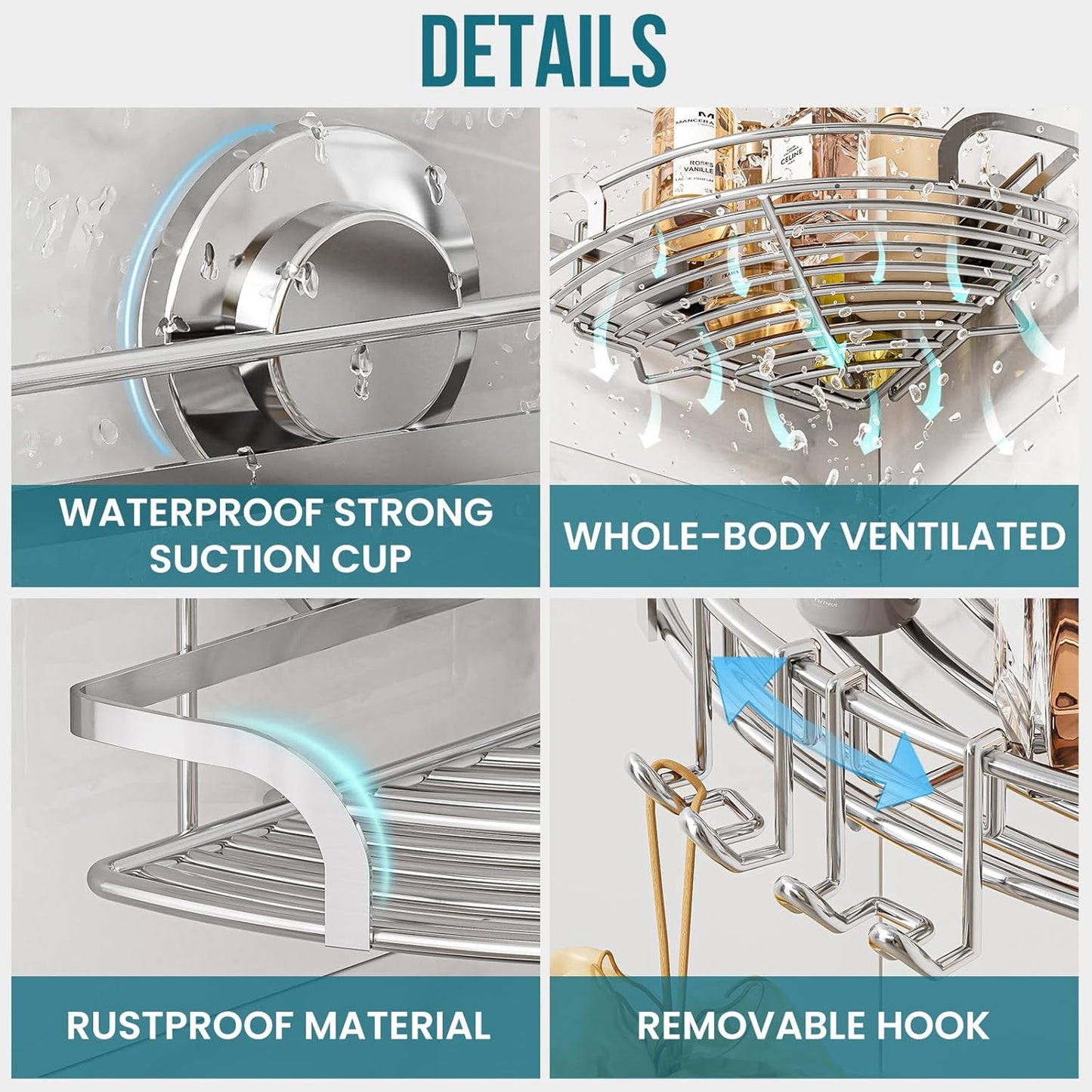 TAILI 2 Pack Powerful Suction Cup Corner Shower Caddy, Stainless Steel Rustproof Shower Shelf with Hook, Drill-Free Wall Mounted Basket, Large Capacity Removable Suction Cup Bathroom Organizer, Silver