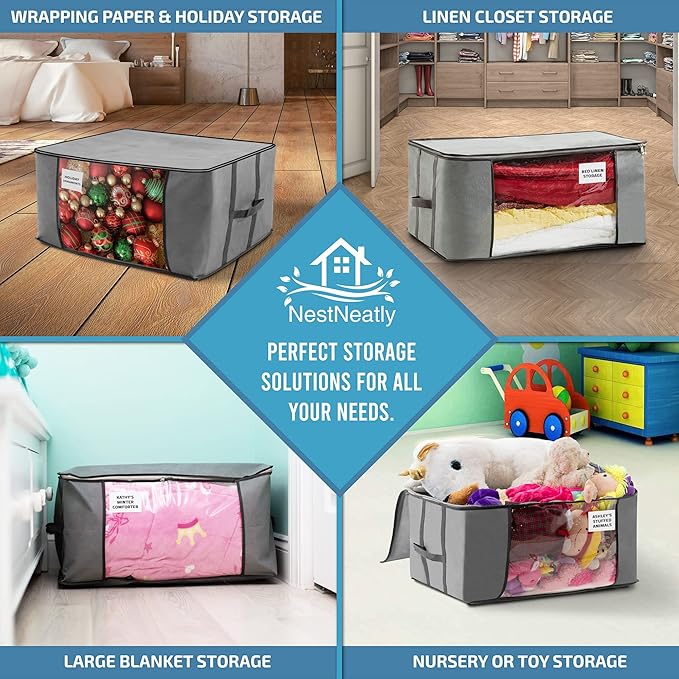 NestNeatly Large Capacity Clothes Storage Bag Organizer with Reinforced Handle for Comforters, Blankets, Bedding, Foldable with Sturdy Zipper, Clear Window, 3 Pack, Gray