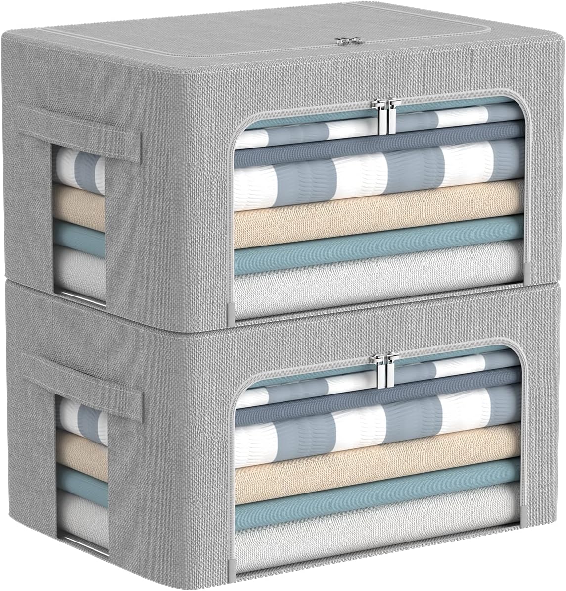 Clothes Storage Bins Box - Foldable Stackable Container Organizer Set with Clear Window & Carry Handles & Metal Frame - 2Pack Large Capacity for Bedding, Blankets, Books
