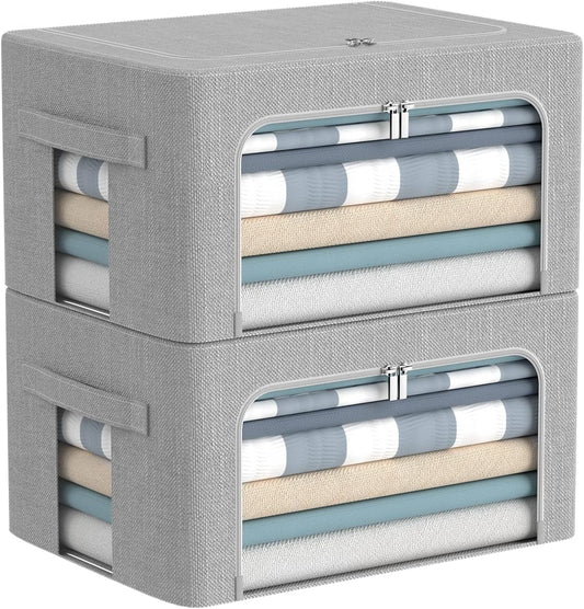 Clothes Storage Bins Box - Foldable Stackable Container Organizer Set with Clear Window & Carry Handles & Metal Frame - 2Pack Large Capacity for Bedding, Blankets, Books