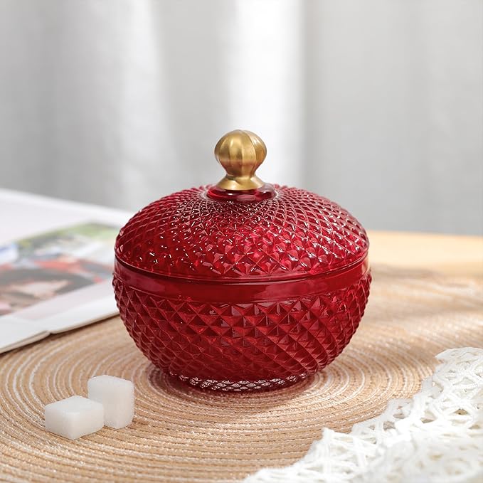 Joeyan 12 oz Small Red Glass Jewelry Box Jars with Lid,Embossed Glass Candy Dishes,Diamond Faceted Food Container,Decorative Apothecary Canisters,Colored Kitchen Bathroom Buffet Storage Organizer