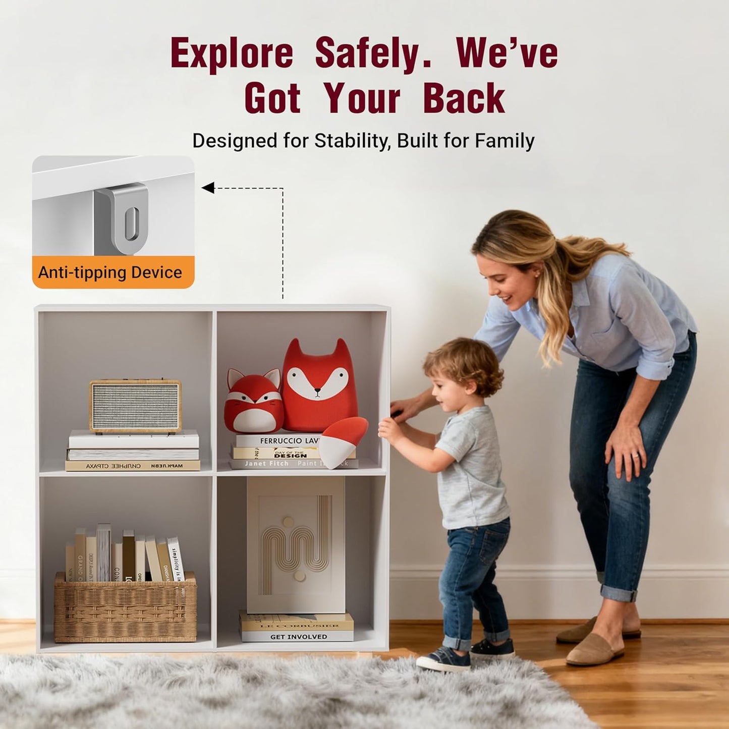 Book Shelf, Wooden Cube Storage Organizer with 11" Open Cubes, Stackable Modular Bookcase for Room Divider Storage, Bookshelf for Living Room, Bedroom, Office (White, 4-Cube)