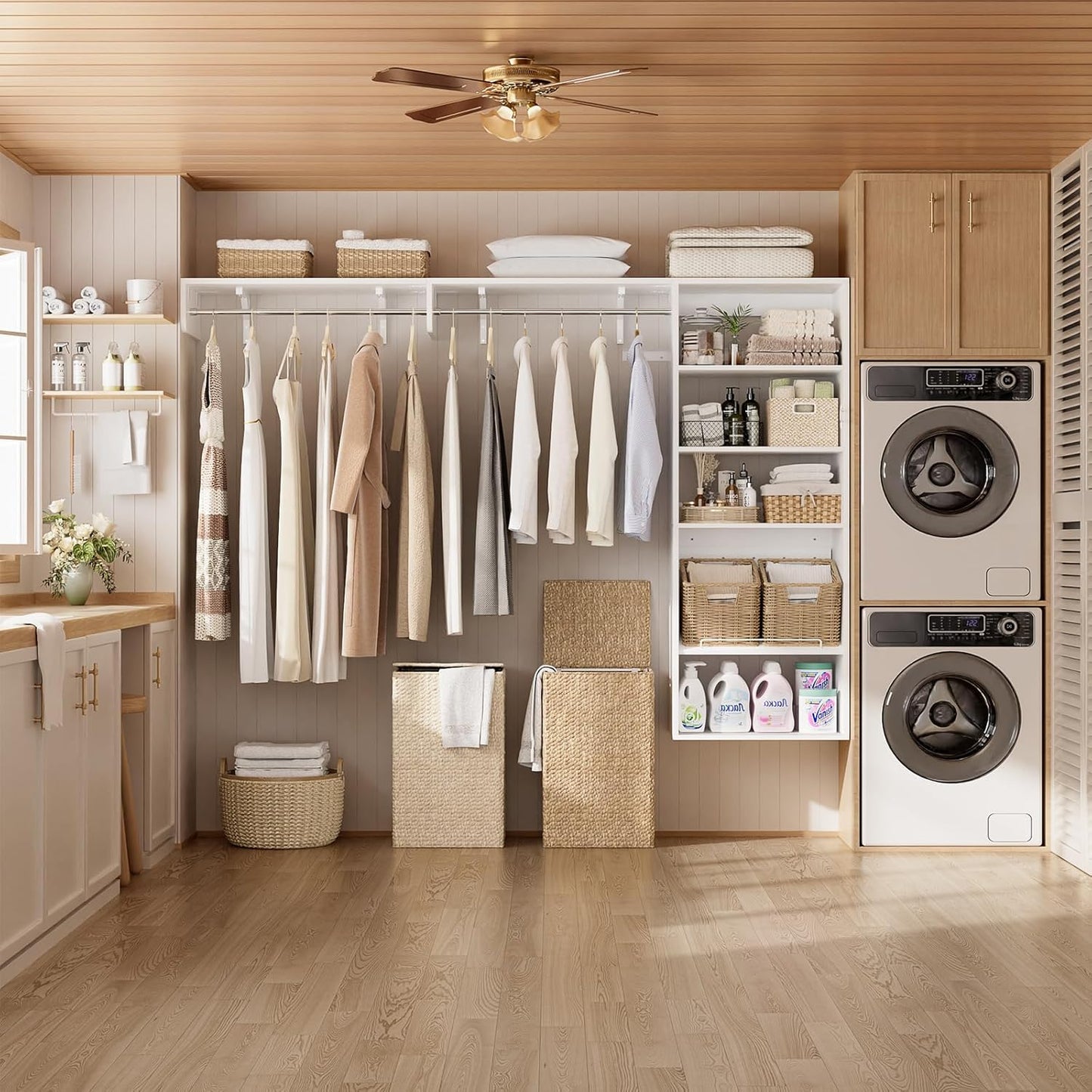 Unikito Over Washer and Dryer Storage Shelf, 8FT Wall Mounted Laundry Room Organizer, Space Saver Clothes Drying Rack with Hanger Rod, 6-Tier Heavy-Duty Closet System with Adjustable Shelves, White