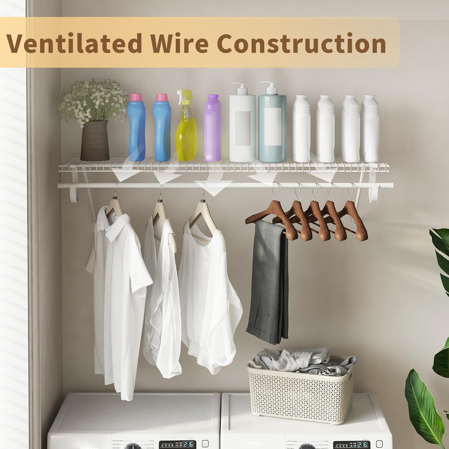 Closet Shelves Wall Mounted with Hanging Rod, 2 Pack 4 ft x 12 in White Wire Shelving Kit, Metal Wall Shelf Organizer for Home, Pantry, Laundry Room Storage