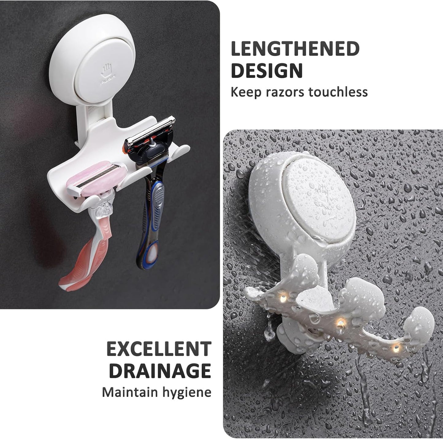 LEVERLOC Razor Holder for Shower 2 Pack, Powerful Suction Cup Shower Hooks for Towel, Loofah, Razor, Squeegee, Damage-Free Wall Hooks, Shaver Holder for Bathroom, Easy to Install and Reuse, White