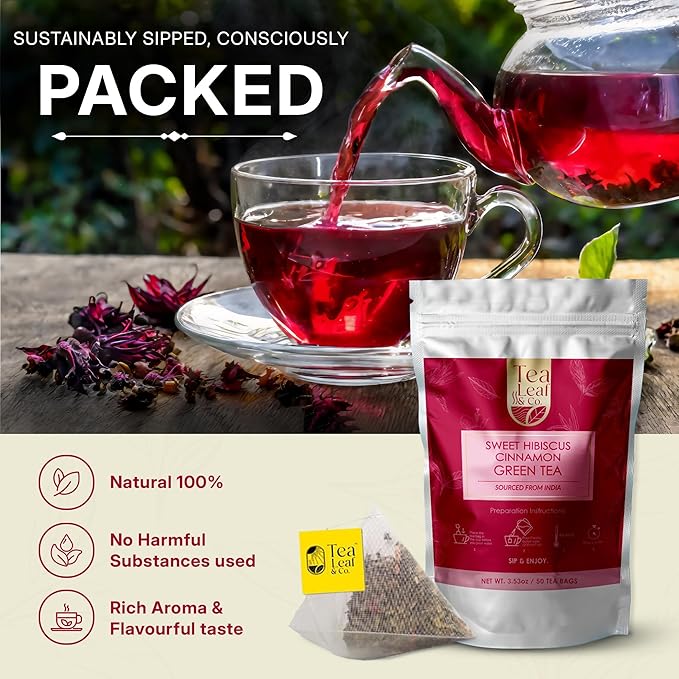Sweet Hibiscus Cinnamon Green Tea Bags (50 Count), Caffeinated, Real and Natural, Blended with Fresh Herbs and Spices, Gluten Free