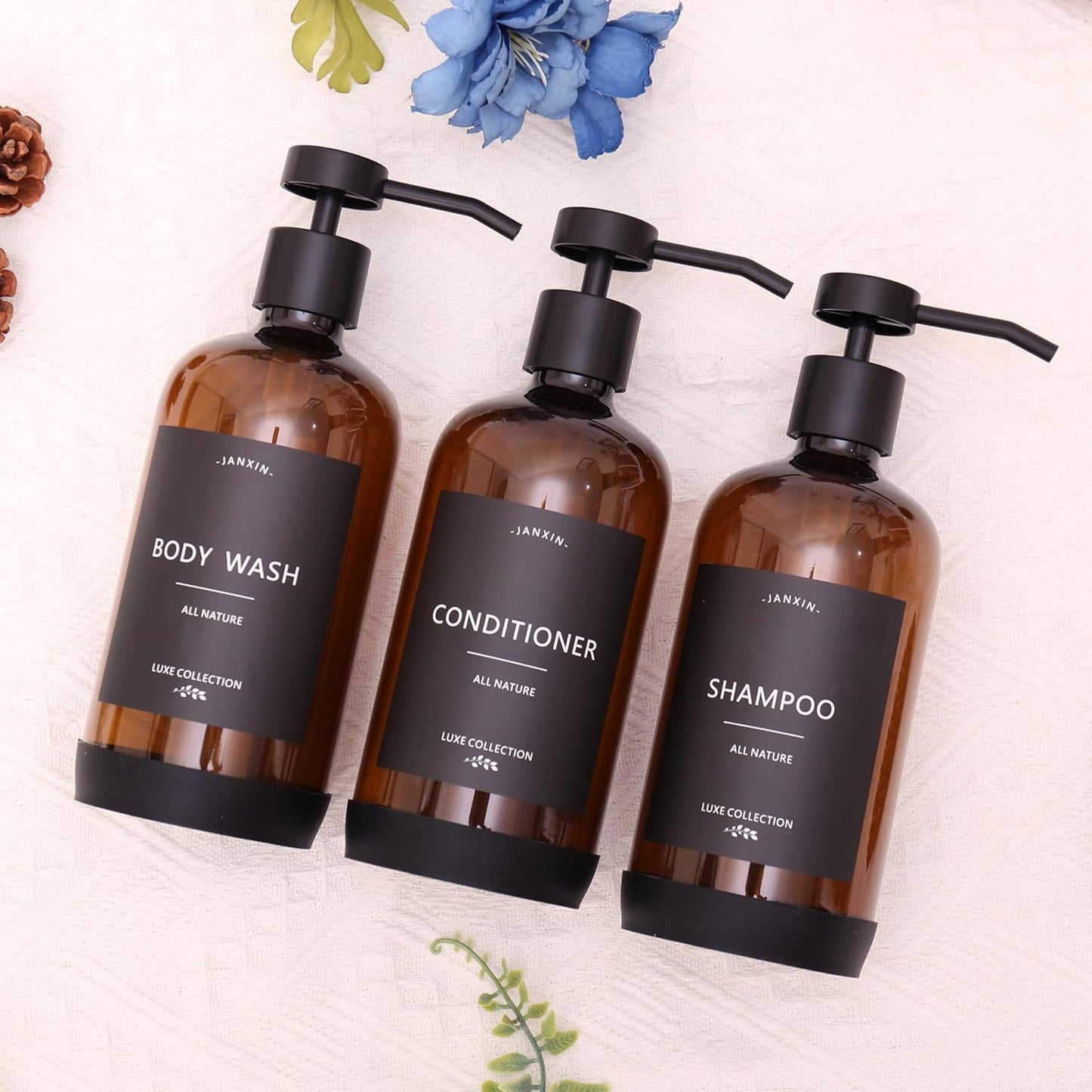 Shampoo and Conditioner Dispenser Set of 3,Refillable 21oz Shampoo Bottles with Non-Slip Protective Silicone Pad,Shower Soap Dispenser with Waterproof Labels for Bathroom (Amber)