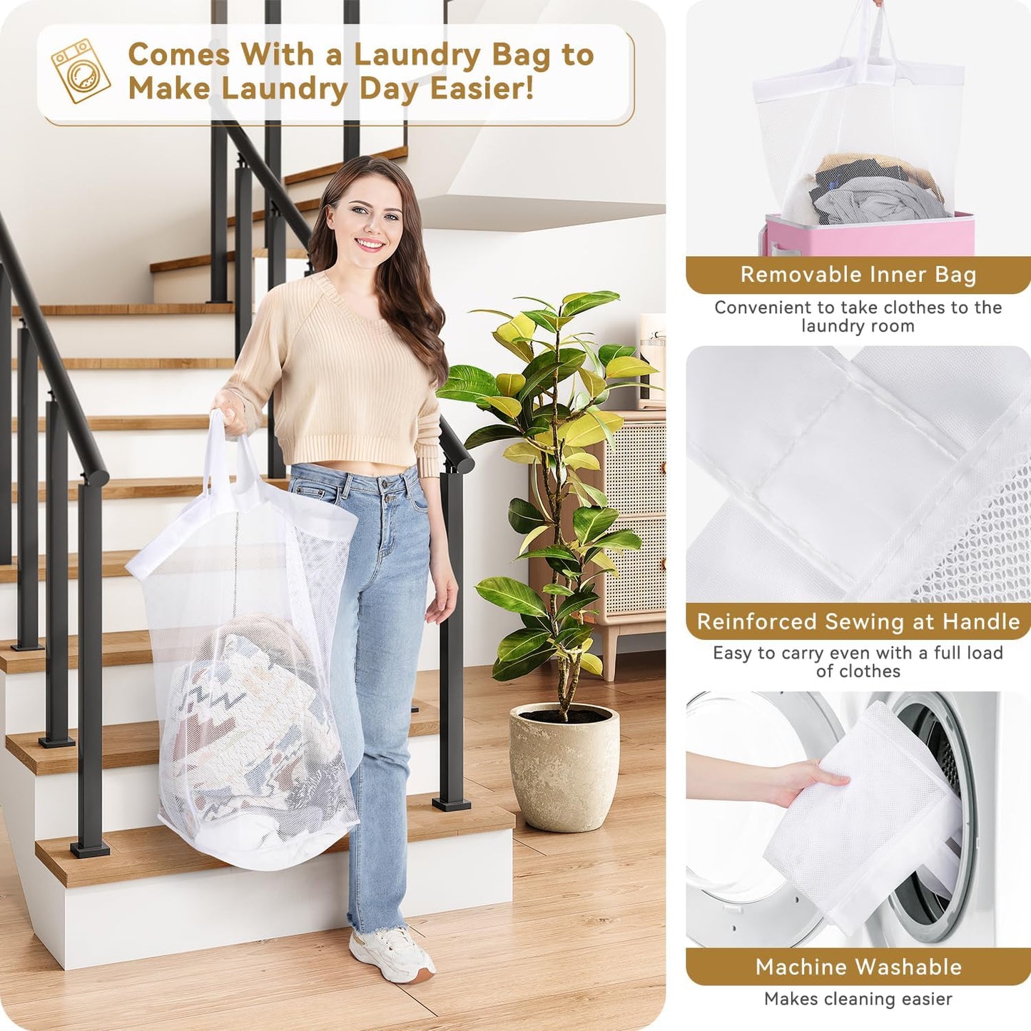 SOLEDI Slim Laundry Hamper with Lid, Narrow Laundry Basket with Removable Bags, Dirty Clothes Hamper with handle, Small Hamper perfect for Laundry room, Bathroom, Bedroom, Small spaces. 70L Pink