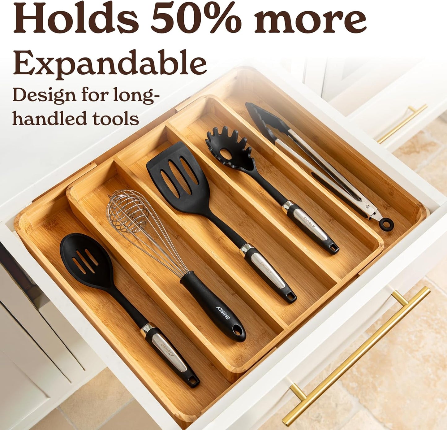 SMIRLY Silverware Drawer Organizer – Bamboo Kitchen Drawer Organizer, Adjustable Utensil Holder and Cutlery Tray, Drawer Dividers for Flatware and Kitchen Utensils