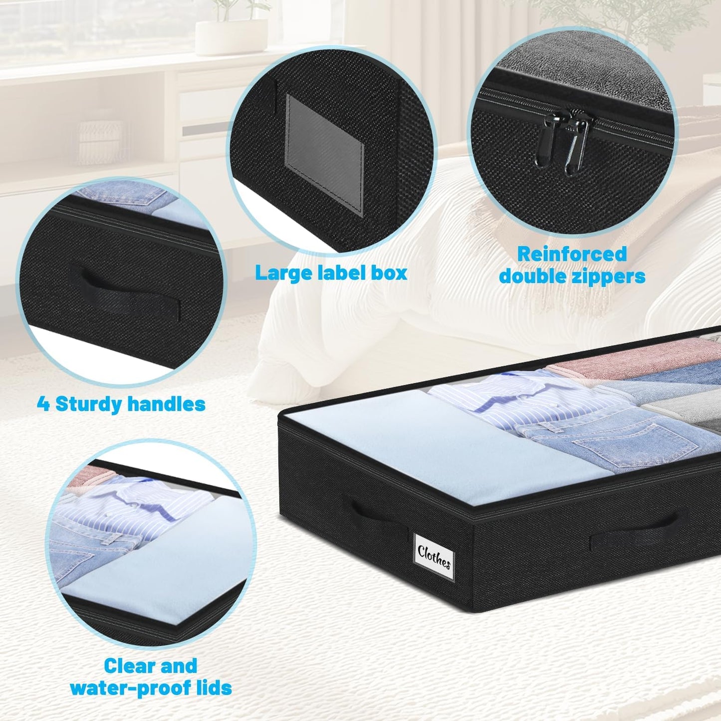 4 Inch Low Profile Under Bed Storage Drawer 2 Pack, Lightweight Underbed Clothes Storage Container Bins with NO STURCTURE, Shallow Storage Bag for Dorm & Home, With Clear Lids and Waterproof Fabric