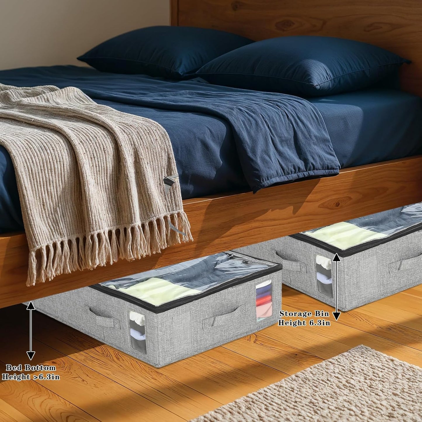 2 Pack Under Bed Storage Bags, Blanket Storage Bag with Clear Window & 4 Handles, 33.4x16.5x6.3 in Comforter Bag Foldable Fabric Organizer for Blankets, Comforters, Clothes, Grey