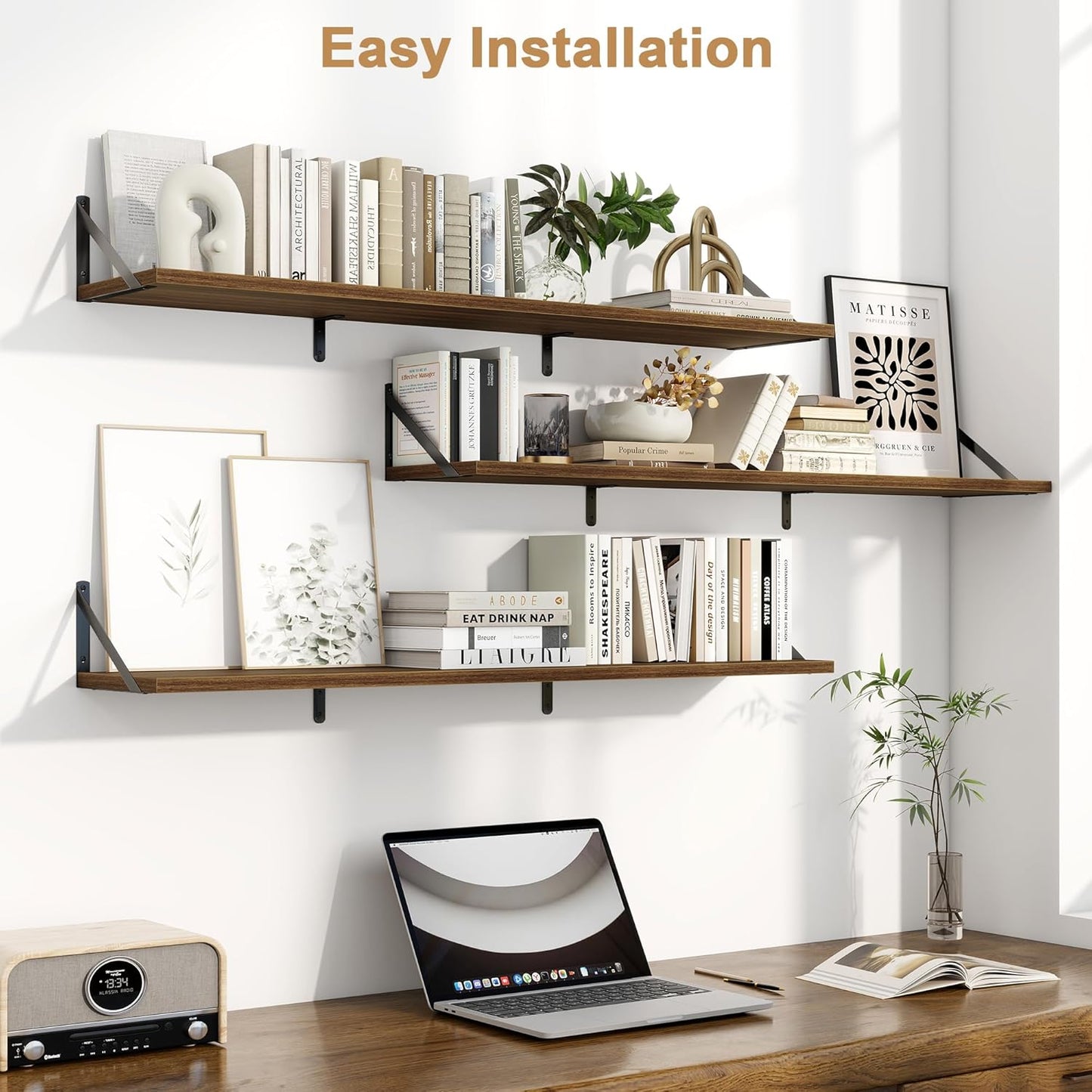 Fun Memories Extra Long Floating Wall Shelves, 48 x 8 Inches, Set of 3 Large Wood Floating Bookshelves with Metal Brackets for Storage & Display (Walnut)