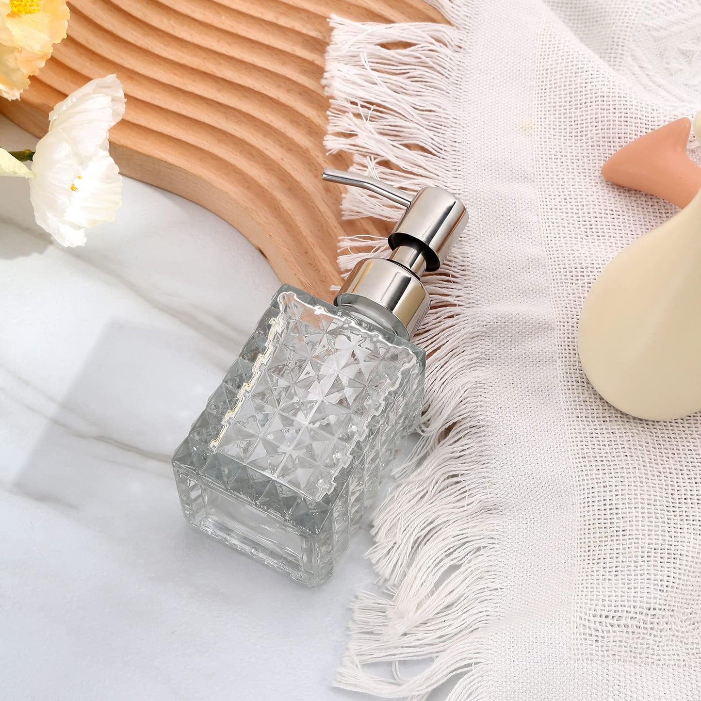 Soap Dispenser with Stainless Steel Pump, Clear Crystal Design, Vintage and Elegant, Refillable Liquid Hand Soap Dish Soap Dispensers for Bathroom Counter, Kitchen Sink (Style 4)