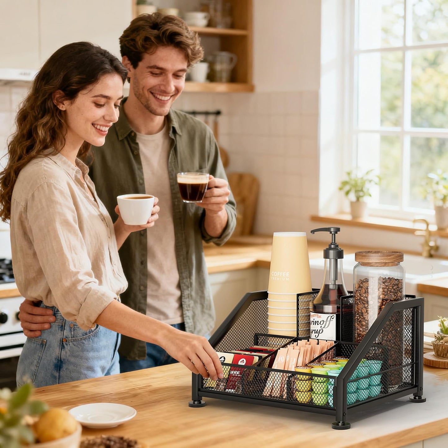 SWTYMIKI Coffee Bar Organizer for Countertop – Space-Saving Storage Rack with Tiered Shelves, Coffee Station Organizer for Breakroom, Kitchen, Office, Cafe, Mesh Tea Condiment Storage