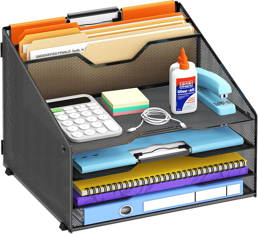 Desk File Organizer, Paper Organizer with 4 Letter Trays and 2 Vertical Upright Sections, Desk Organizers and Accessories for Office, School, Home, Black