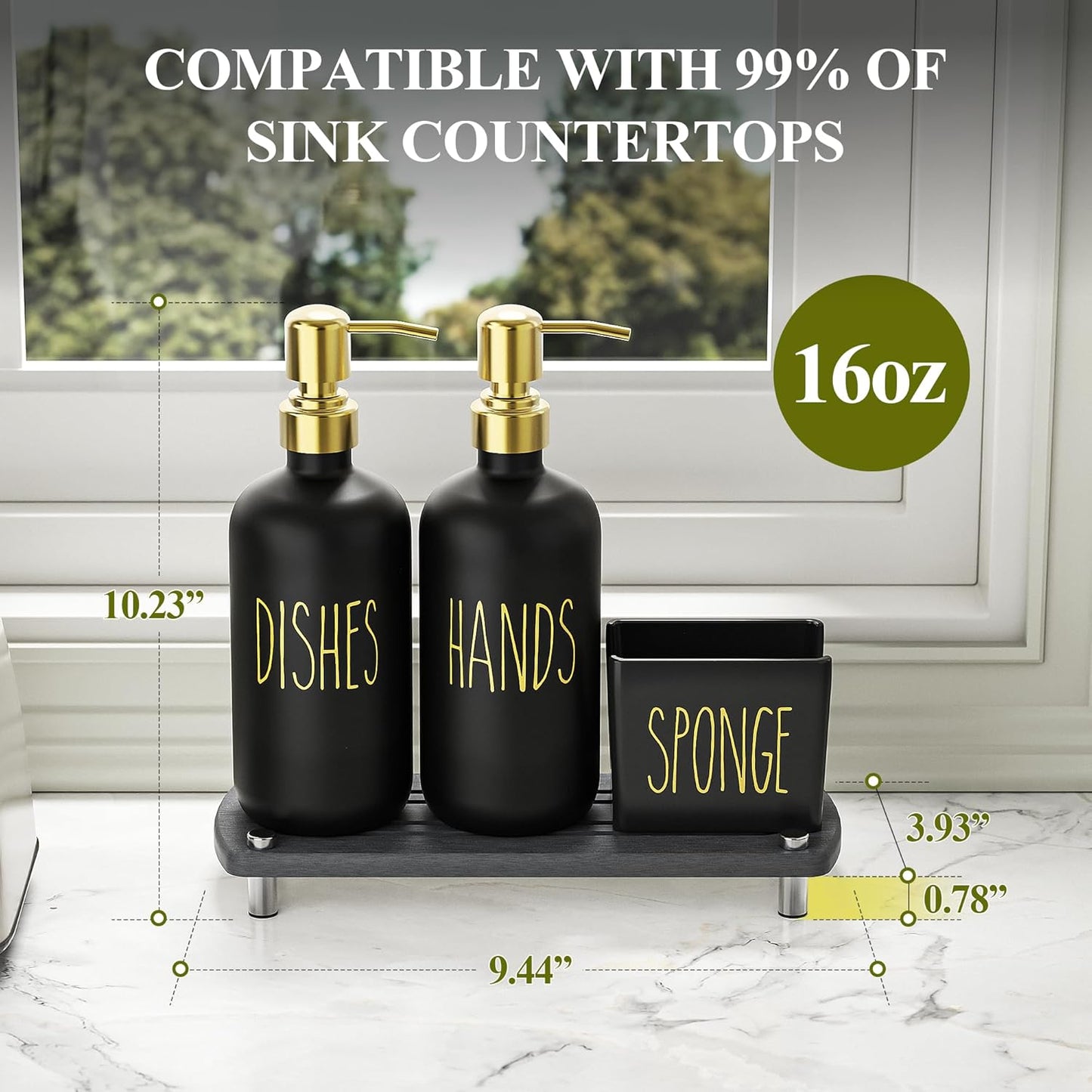 Cisily Kitchen Soap Dispenser Set Comes with Ceramics Sponge Holder, Gold Pumps, and Instant Dry Tray, Hand and Dish Soap Dispenser Set Suitable for Kitchen Decor and Accessories(Black & Gold)