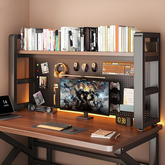 2/3 Tier Desk Hutch with Pegboard, Desk Shelf Organizer with Metal Frame, Space Saving Desktop Bookshelf, Desktop Shelf Organizer Display Rack for Study Table, Home, Of Black+Brown 53×10×26"(2-Tiers)