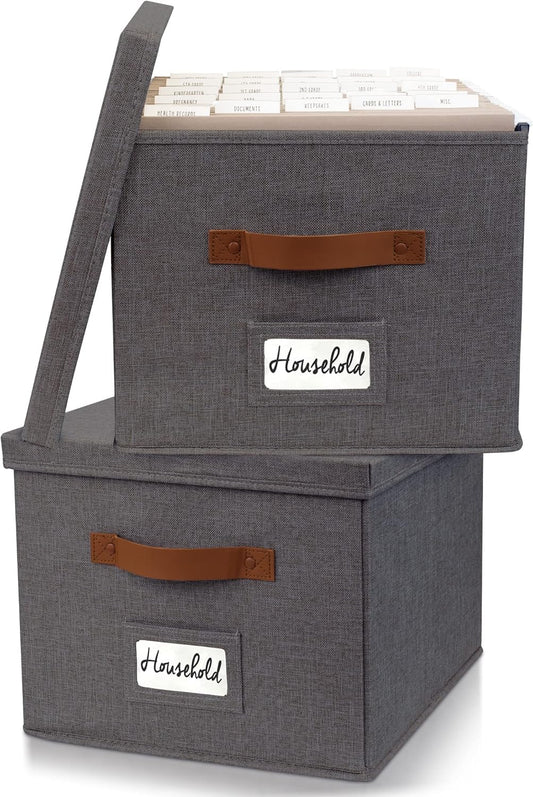 ZICOTO Decorative File Organizer Box Set of 2 - Collapsible Linen Filing Cabinets w/Handles Are Perfect to Store all Your Documents & Hanging File Folders - Portable Easy Slide Crates with Lid