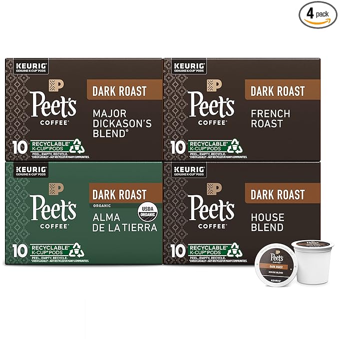Peet's Coffee, Keurig K-Cup Pods Dark Roast Variety Pack - Major Dickason's Blend, French Roast, Organic Alma De La Tierra, House Blend, 40 Count (4 Boxes of 10 K-Cup Pods)