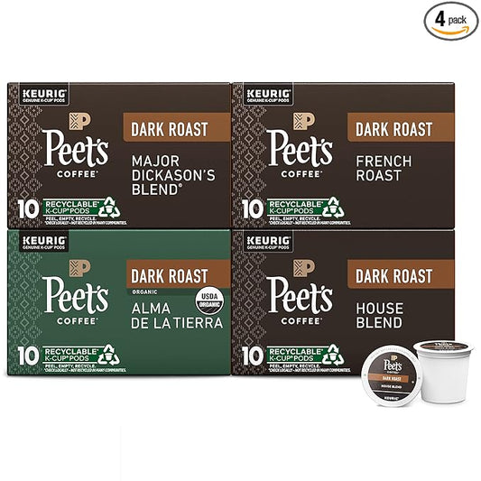 Peet's Coffee, Keurig K-Cup Pods Dark Roast Variety Pack - Major Dickason's Blend, French Roast, Organic Alma De La Tierra, House Blend, 40 Count (4 Boxes of 10 K-Cup Pods)