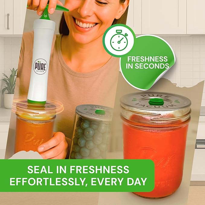 PURE MVP Mason Jar Vacuum Sealer Kit | 3X Faster & 8X the Vacuum of Electric | Premium Handheld High-Suction Vacuum Sealer for Jars | Perfect Seal for Juice, Smoothies, Food for Maximum Freshness