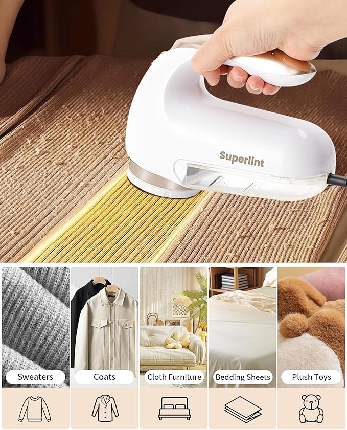 SUPER LINT Electric Fabric Shaver Best Rated Sweater Shaver Fuzz Pill Bobble Remover for Fabric Fleece Curtains Clothes, White & Gold