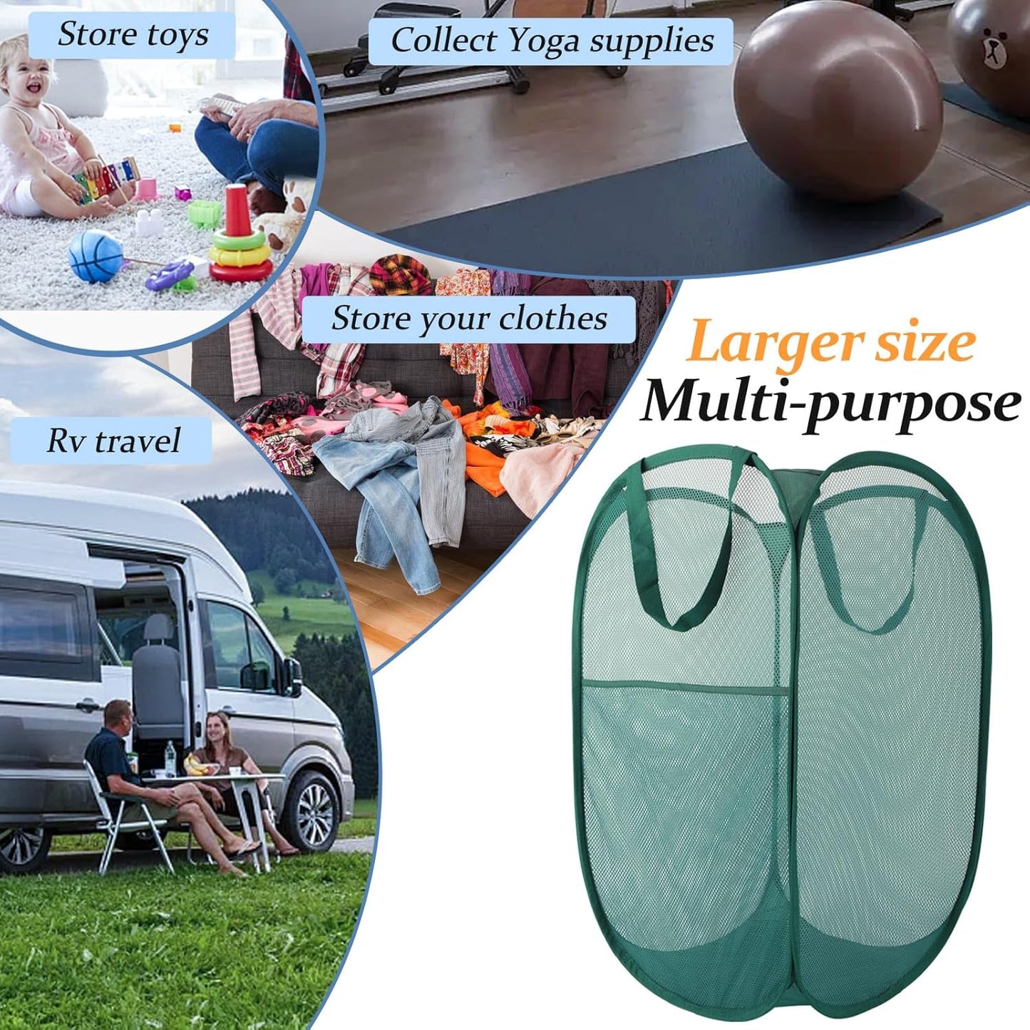 Upgraded 100L Extra Large Collapsible Laundry Baskets, 2 Pack XL Mesh Pop Up Laundry Hamper with Handles, Portable Travel Laundry Basket, Foldable Hamper. Green