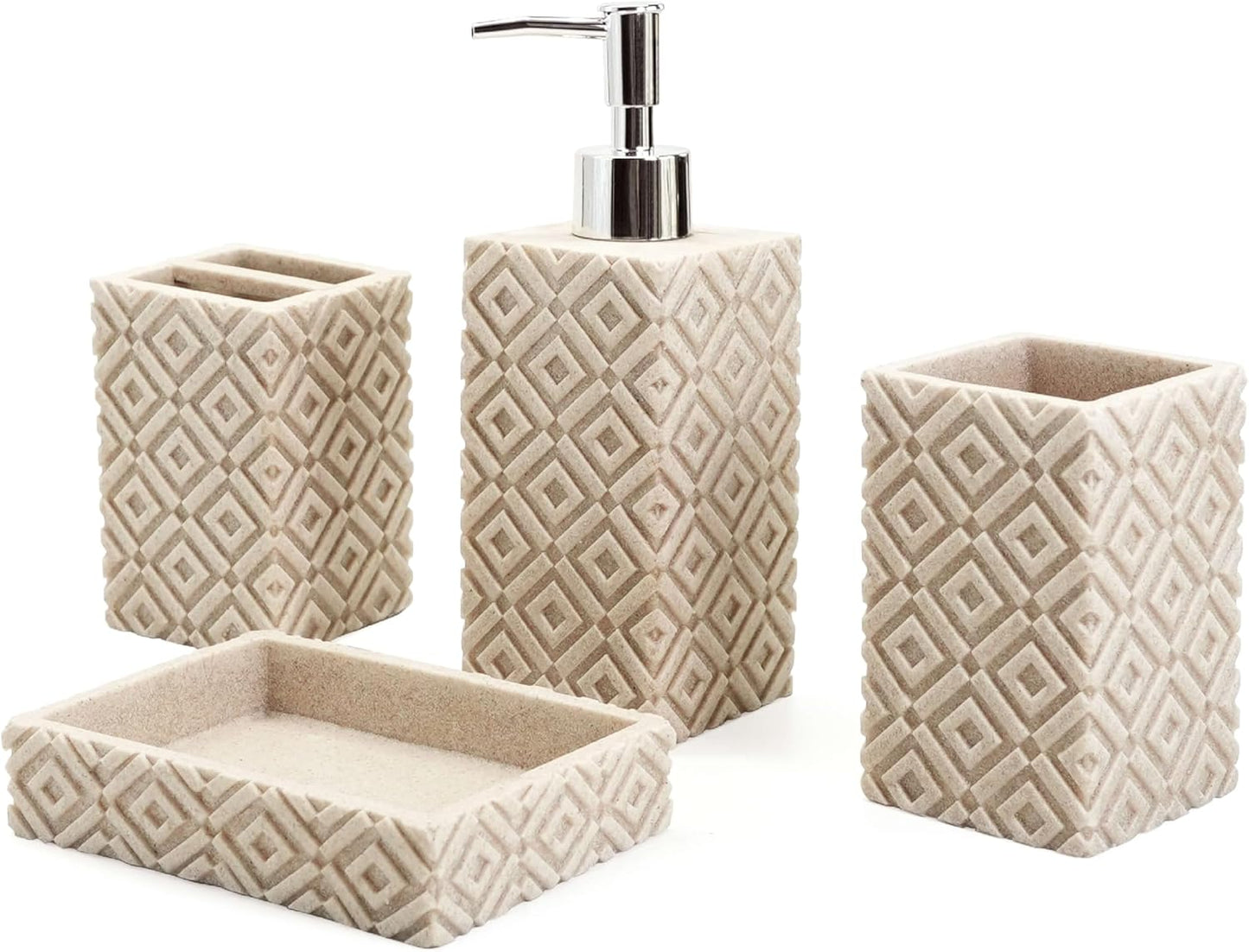 4-Piece Bathroom Accessory Set – Modern Resin & Sandstone Vanity Organizer, Vintage Texture Lotion Dispenser, Toothbrush Holder, Tumbler, Soap Dish (Beige)