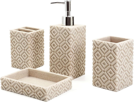 4-Piece Bathroom Accessory Set – Modern Resin & Sandstone Vanity Organizer, Vintage Texture Lotion Dispenser, Toothbrush Holder, Tumbler, Soap Dish (Beige)