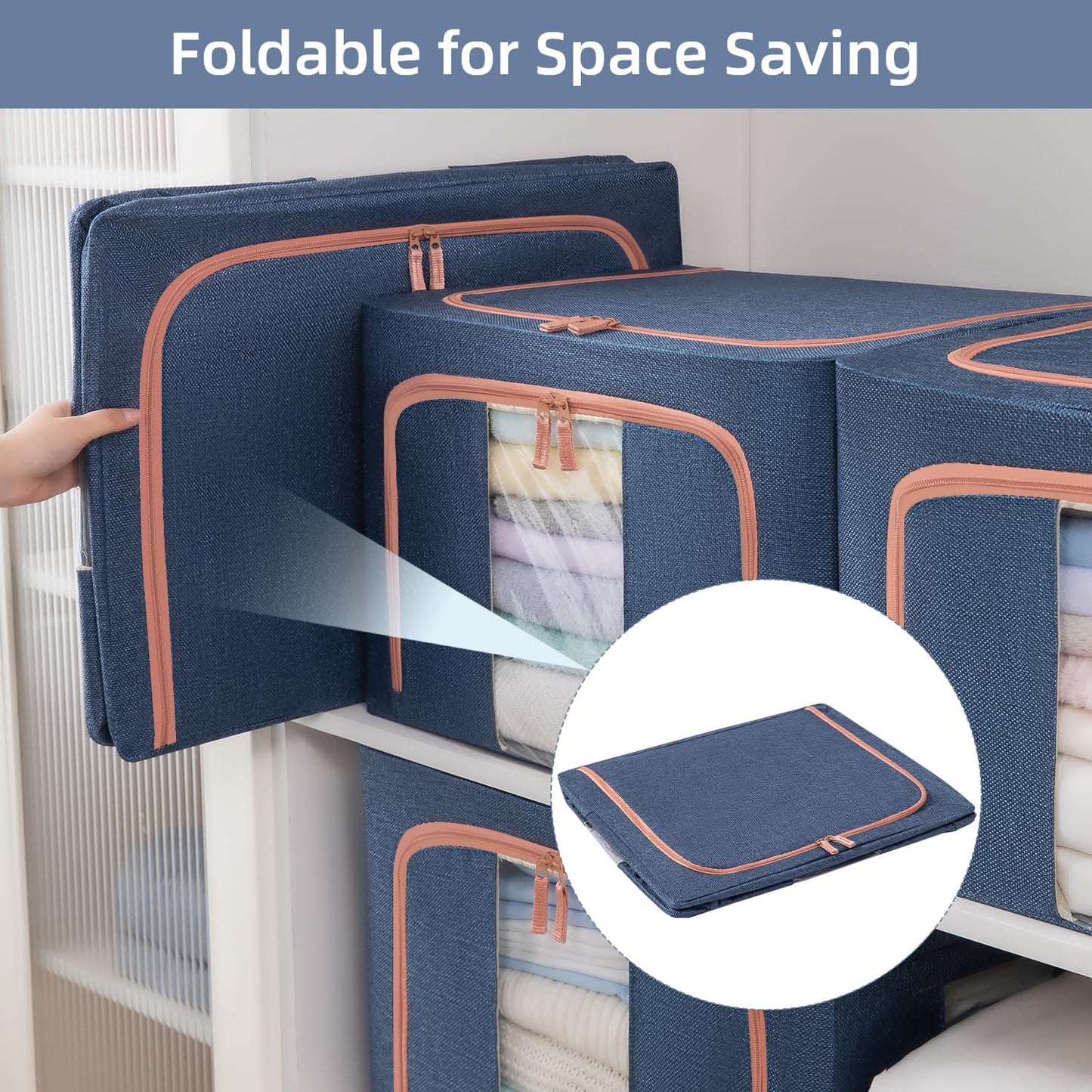 3 Pack 100L Stackable Clothes Storage Bins with Metal Frame Handles & Zipper, Collapsible Closet Organizer Box with Lid for Bedding Blankets Towel (Navy)